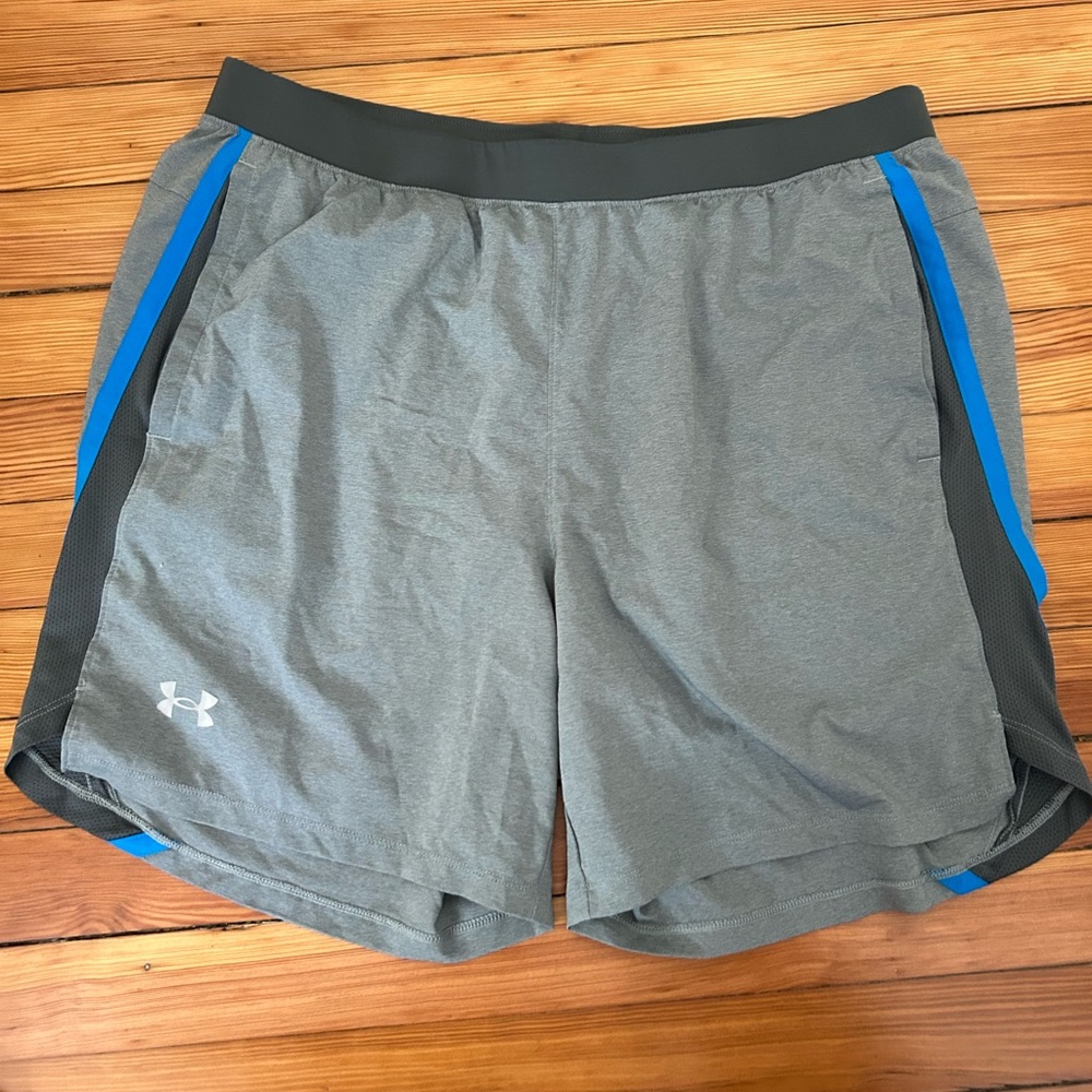 Under Armour Men's Athletic Shorts in Gray with Blue Stripes